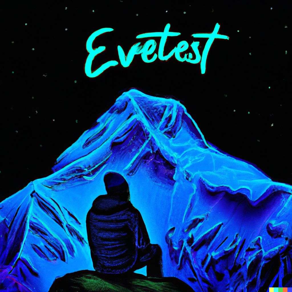 someone gazing at Mount Everest, neon art